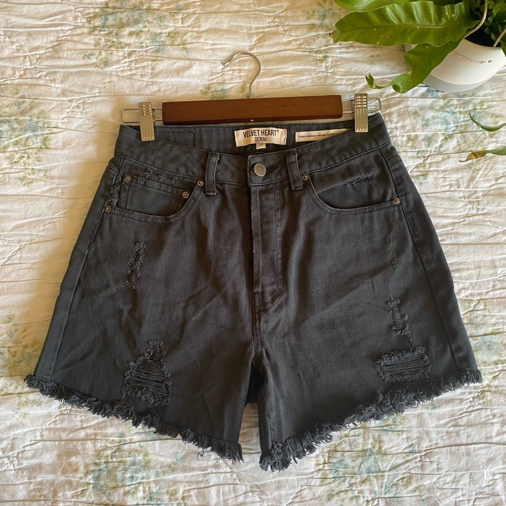 Black Frayed Velvet Heart Denim Shorts